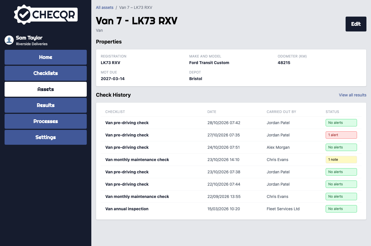 The asset page for a van, showing its properties and a check history of pre-driving, monthly maintenance and annual checks