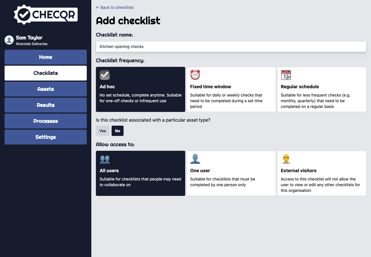 The Add checklist page in the dashboard