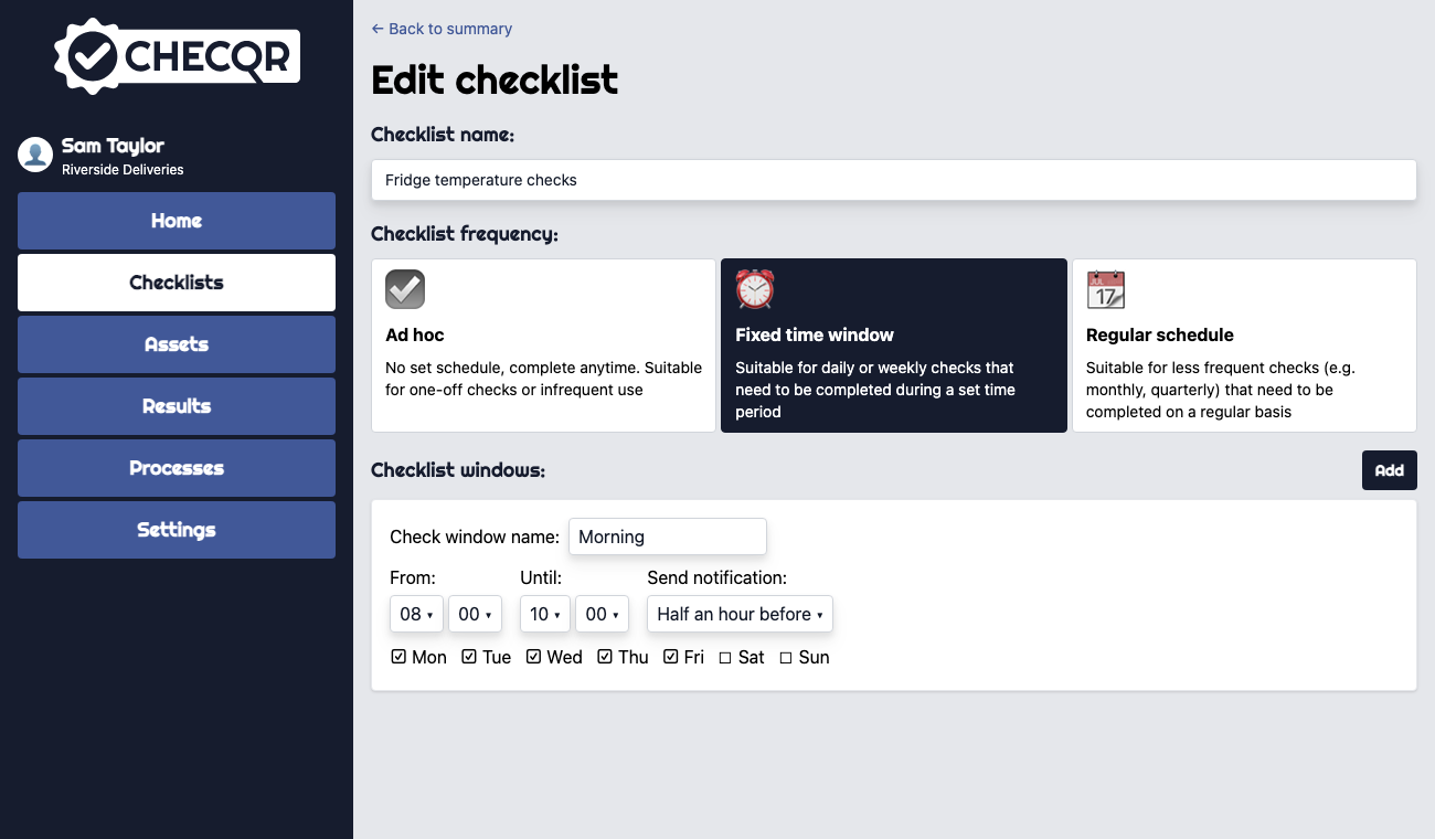 A Fixed time window checklist with a Morning check window from 08:00 until 10:00, Monday to Friday