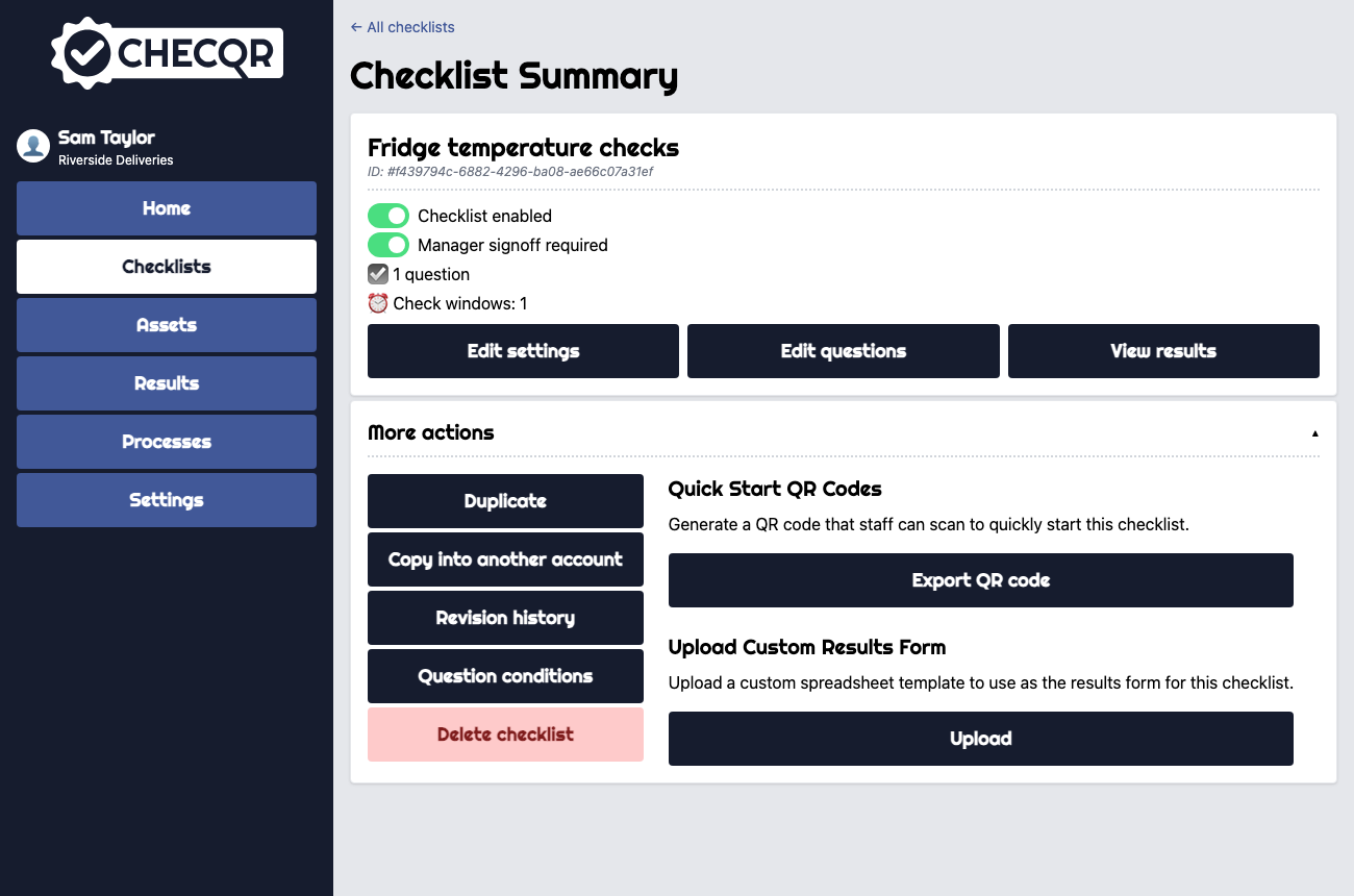 The Checklist Summary page with More actions open